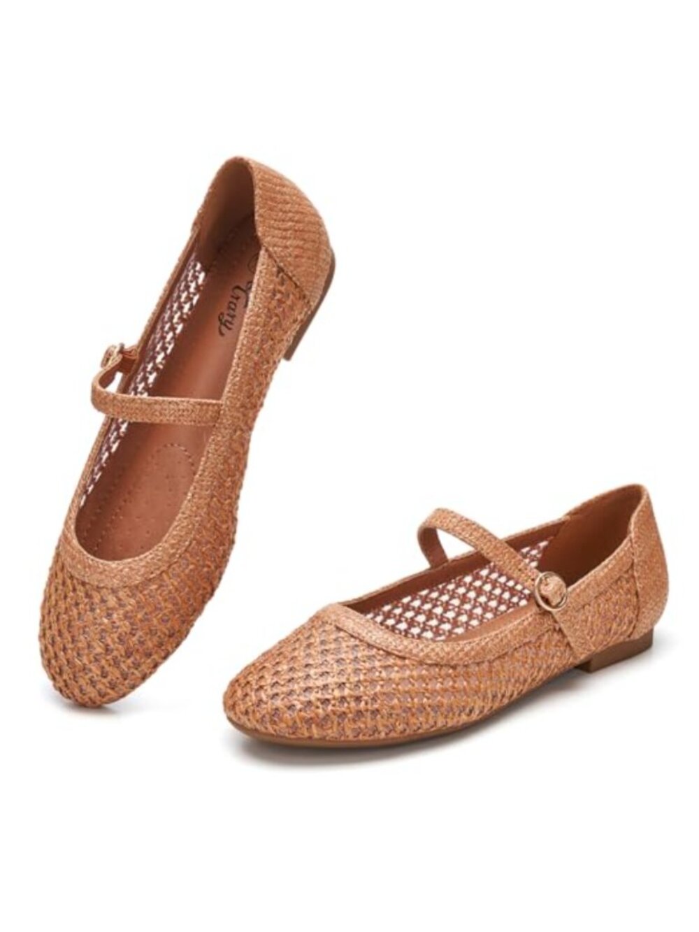 Woven Raffia Mary Jane Flats Adjustable Buckle Memory Foam Comfortable Ballerina